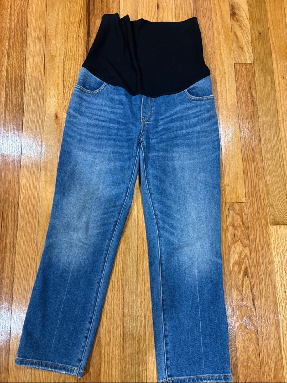 Hatch Blue Denim Straight Leg Maternity Jeans with Black Waistband